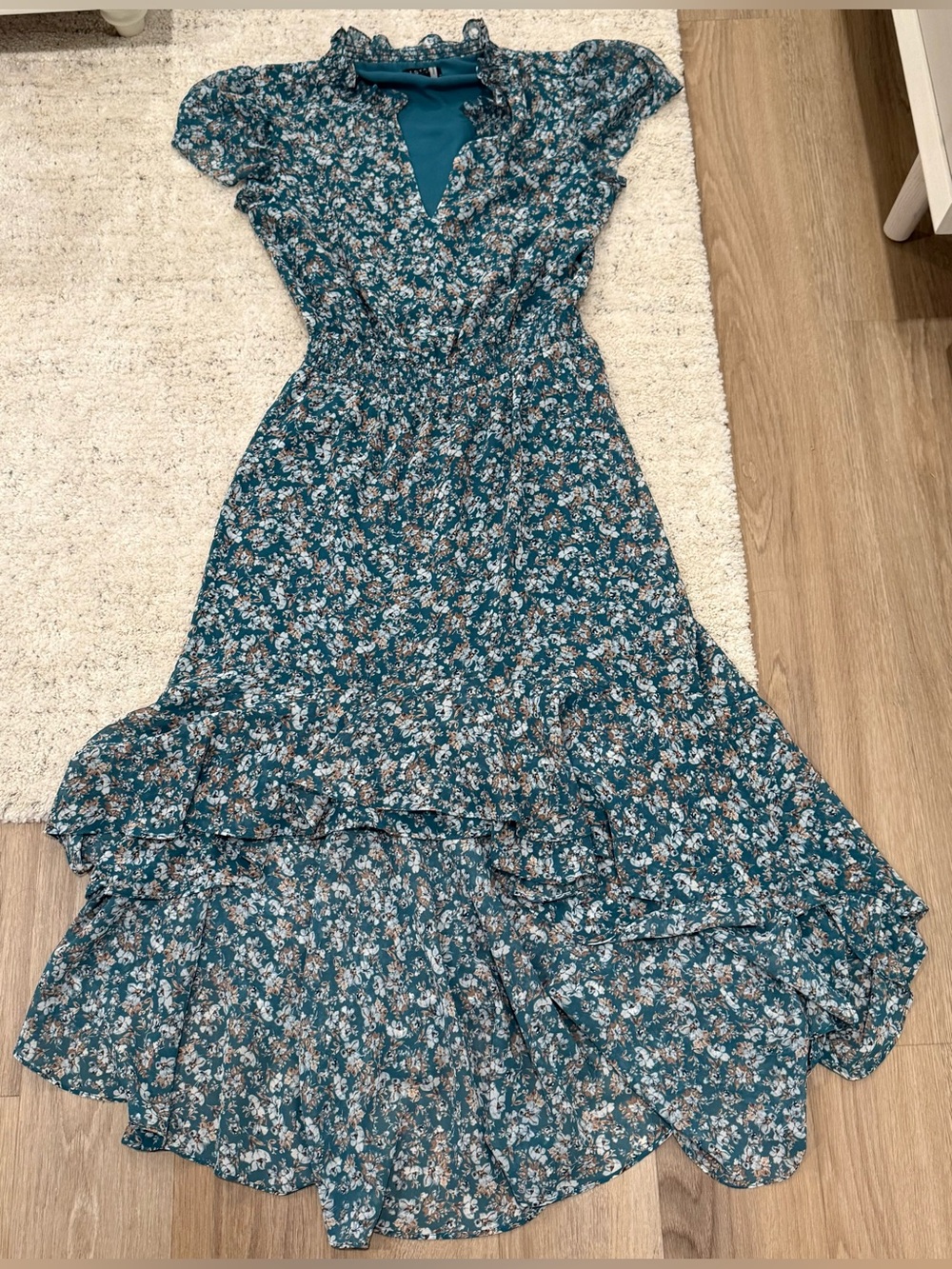 1.STATE Teal Floral Maxi Dress Ruffle Tiered High Low Short Sleeve medium m